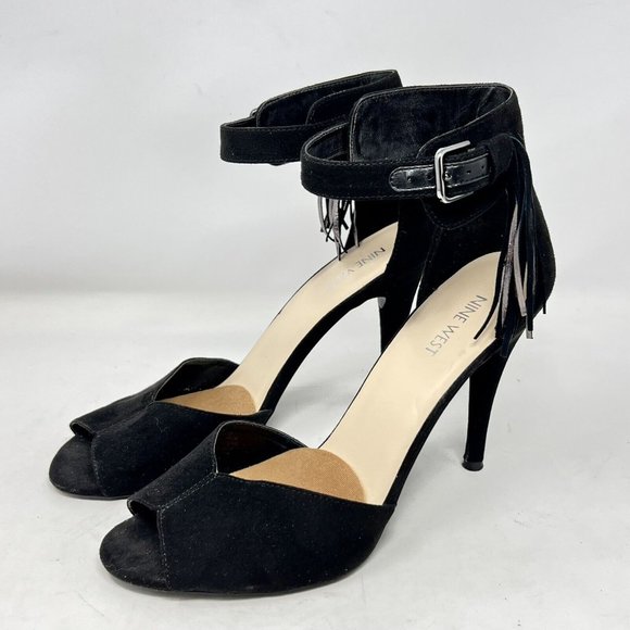 Nine West Ammazo Black Faux Suede Ankle Strap Fringe Accent 4” Heels Size 10M - Picture 7 of 13